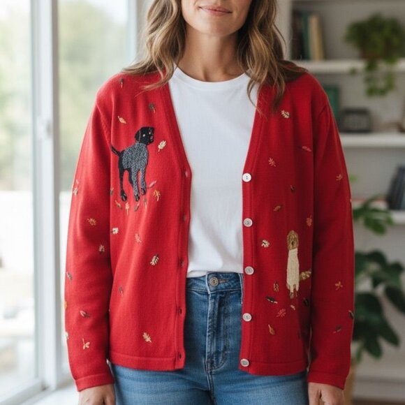 Talbots Vintage Red Knit Cardigan Sweater Dog & Fall Embroidery Small Petite - Picture 12 of 12